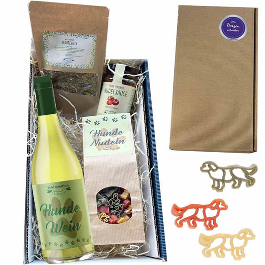 Geschenkset Hunde mit Wein, Nudeln, Sauce und Kräutermix