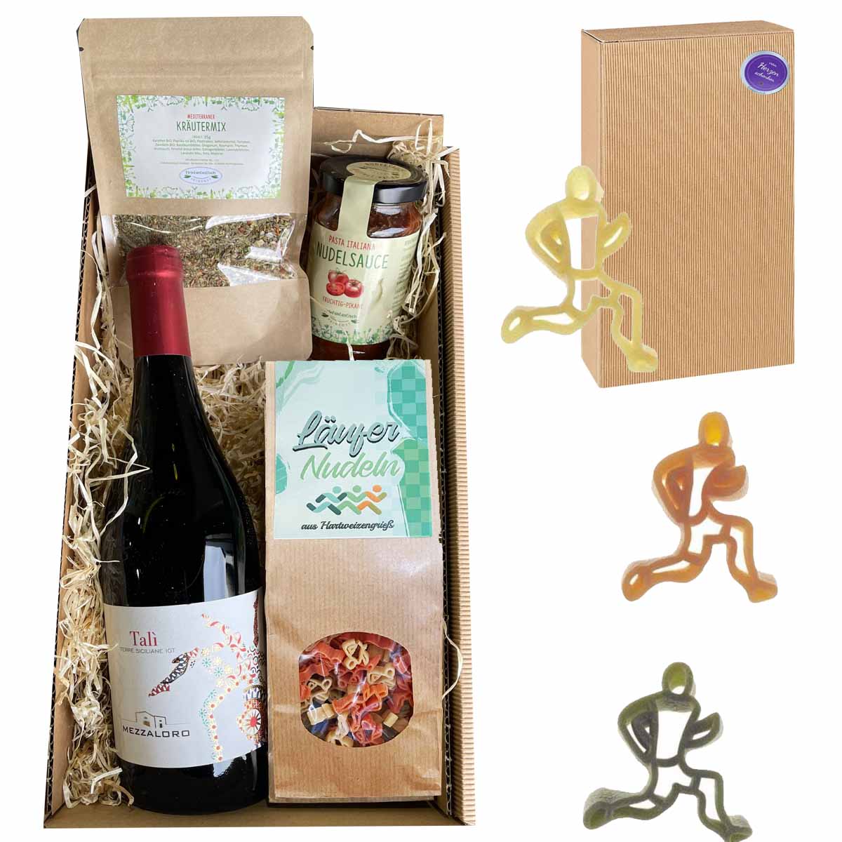 Geschenkset Läufer mit Wein – Pasta Geschenkbox mit Läufer-Nudeln, Pasta-Sauce & Kräutermix
