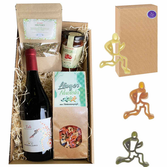 Geschenkset Läufer mit Wein – Pasta Geschenkbox mit Läufer-Nudeln, Pasta-Sauce & Kräutermix