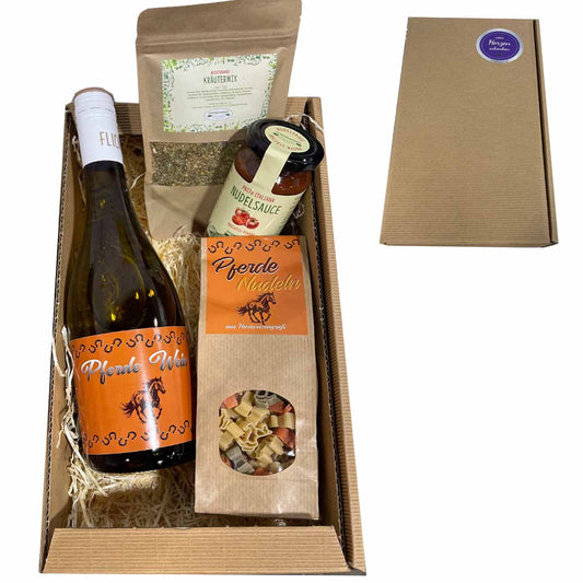 Geschenkset Pferde mit Wein, Nudeln, Sauce und Kräutermix