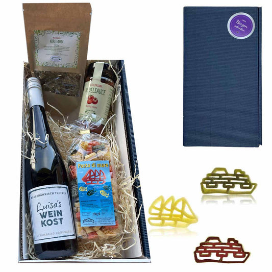Geschenkset Schiffe mit Wein, Nudeln, Sauce und Kräutermix