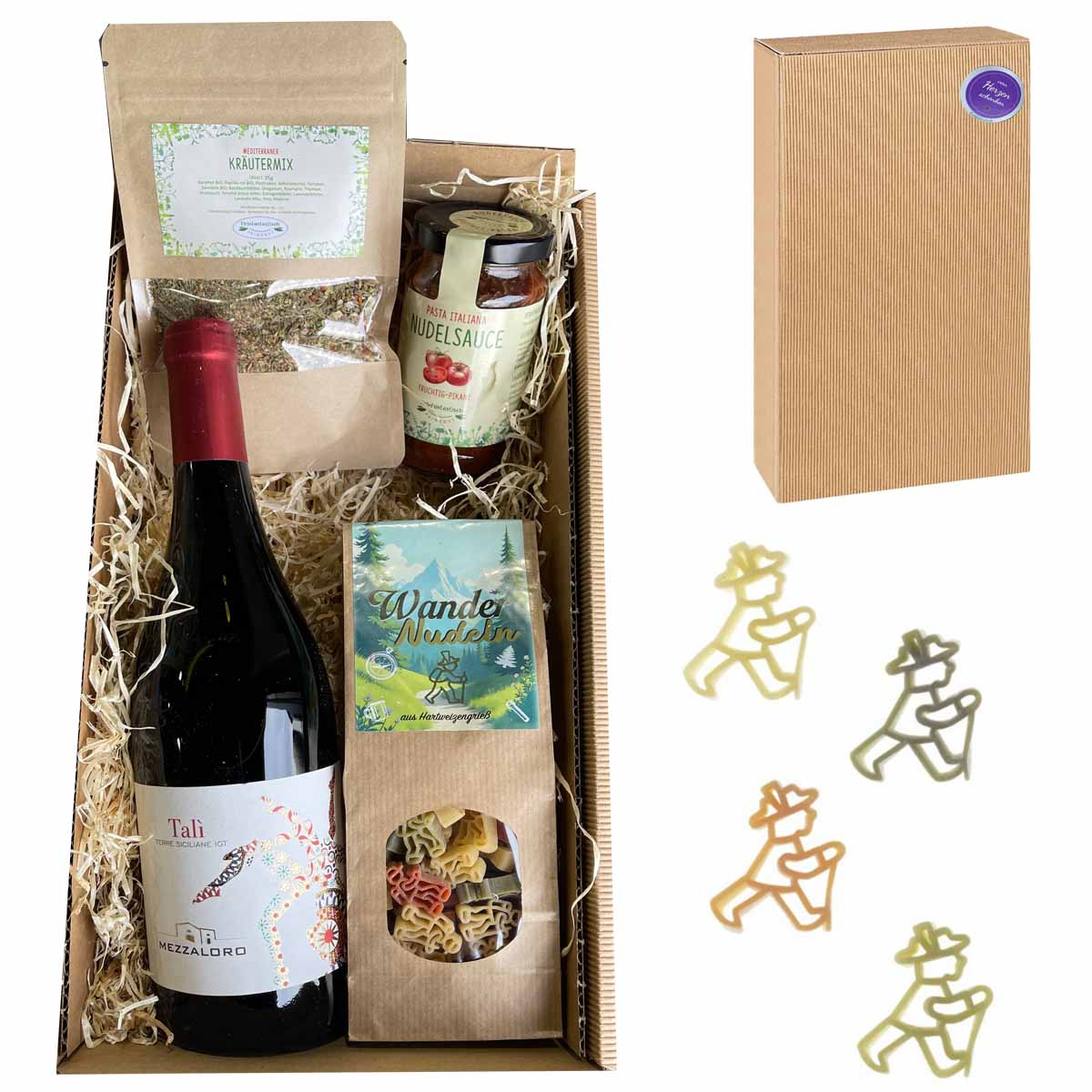 Geschenkset Wanderer mit Wein, Nudeln, Sauce und Kräutermix