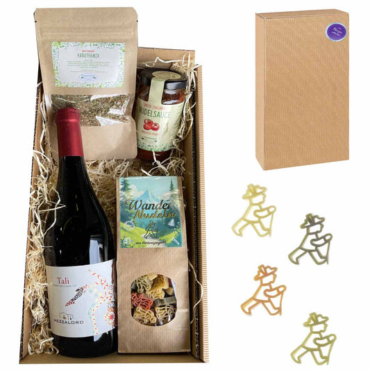 Geschenkset Wanderer mit Wein, Nudeln, Sauce und Kräutermix