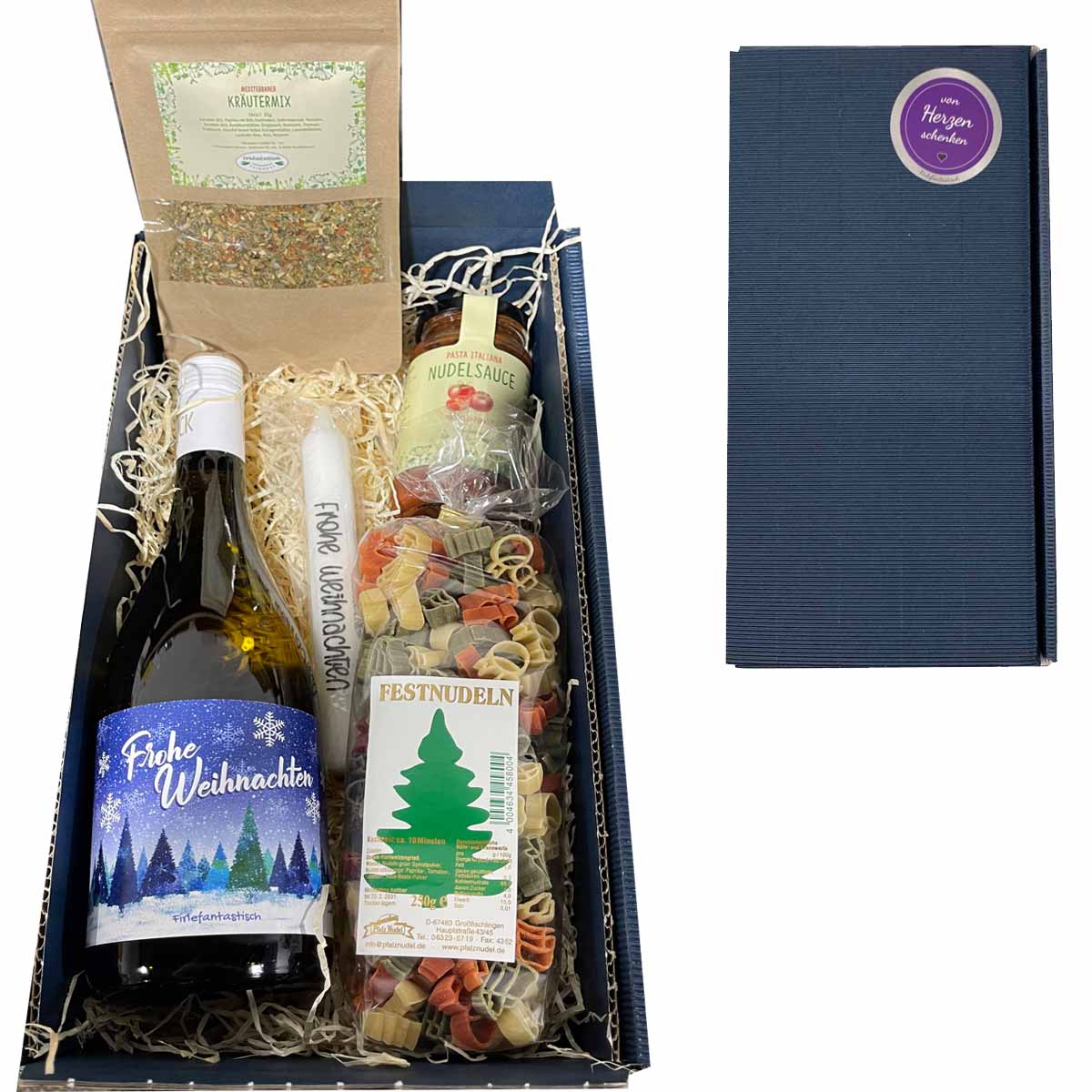 Geschenkset Weihnachten mit Wein, Weihnachtsnudeln, Pastasauce, Gewürze und Weihnachtskerze
