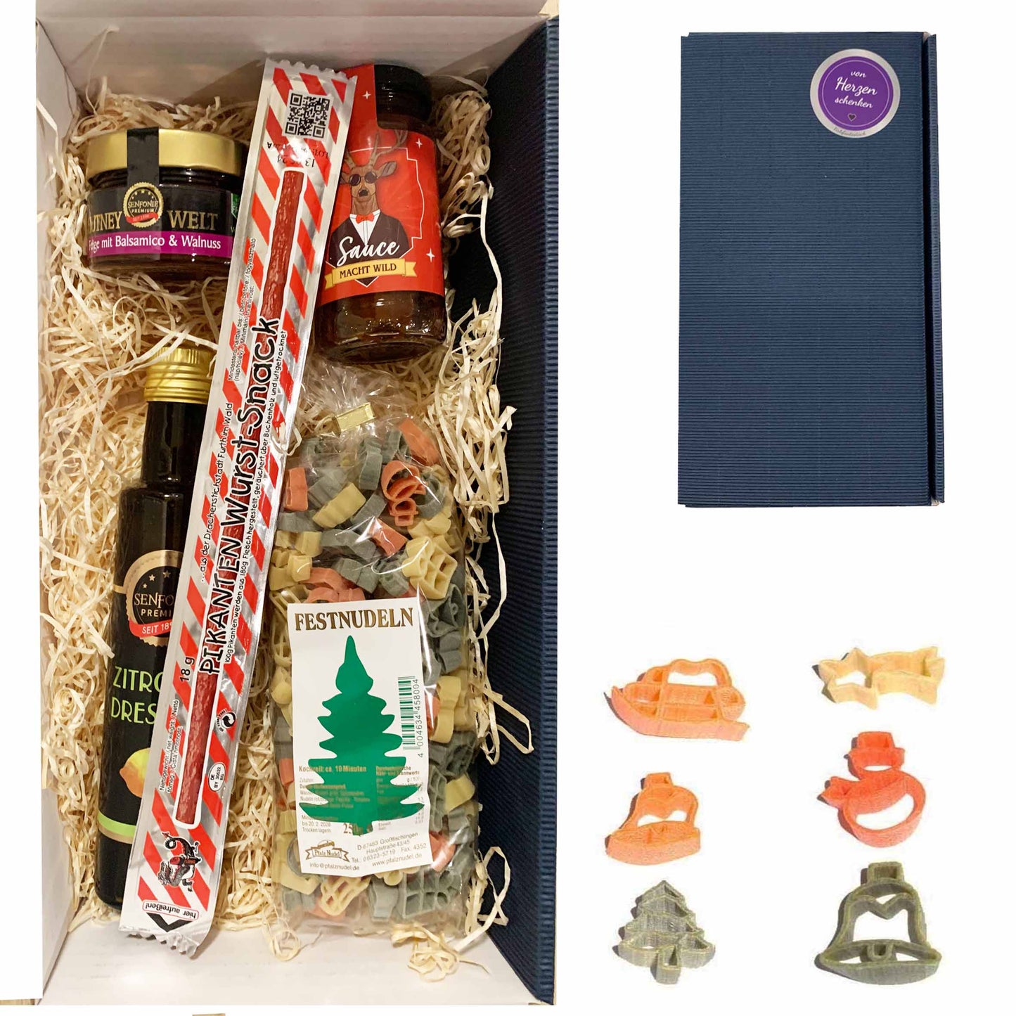 Geschenkset Feinkost Weihnachten mit Nudeln, Preiselbeersoße, Wurstsnack, Chutney und Zitronendressi