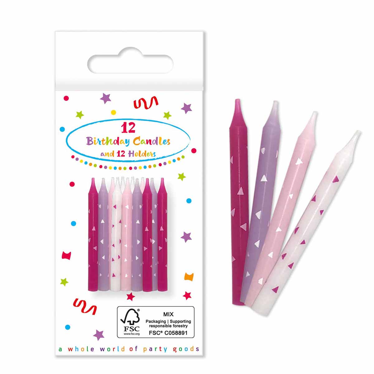 12 Bunte Kuchenkerzen Rosa-Töne mit Halter
