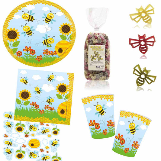 Partyset Biene mit Bienen-Nudeln, Teller, Becher, Serviette, Konfetti