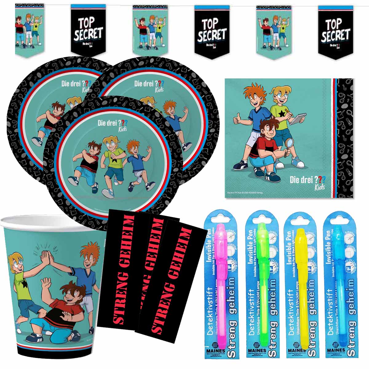 Partyset Drei ??? Kids mit 8 Geheimstiften und Stickern Streng Geheim