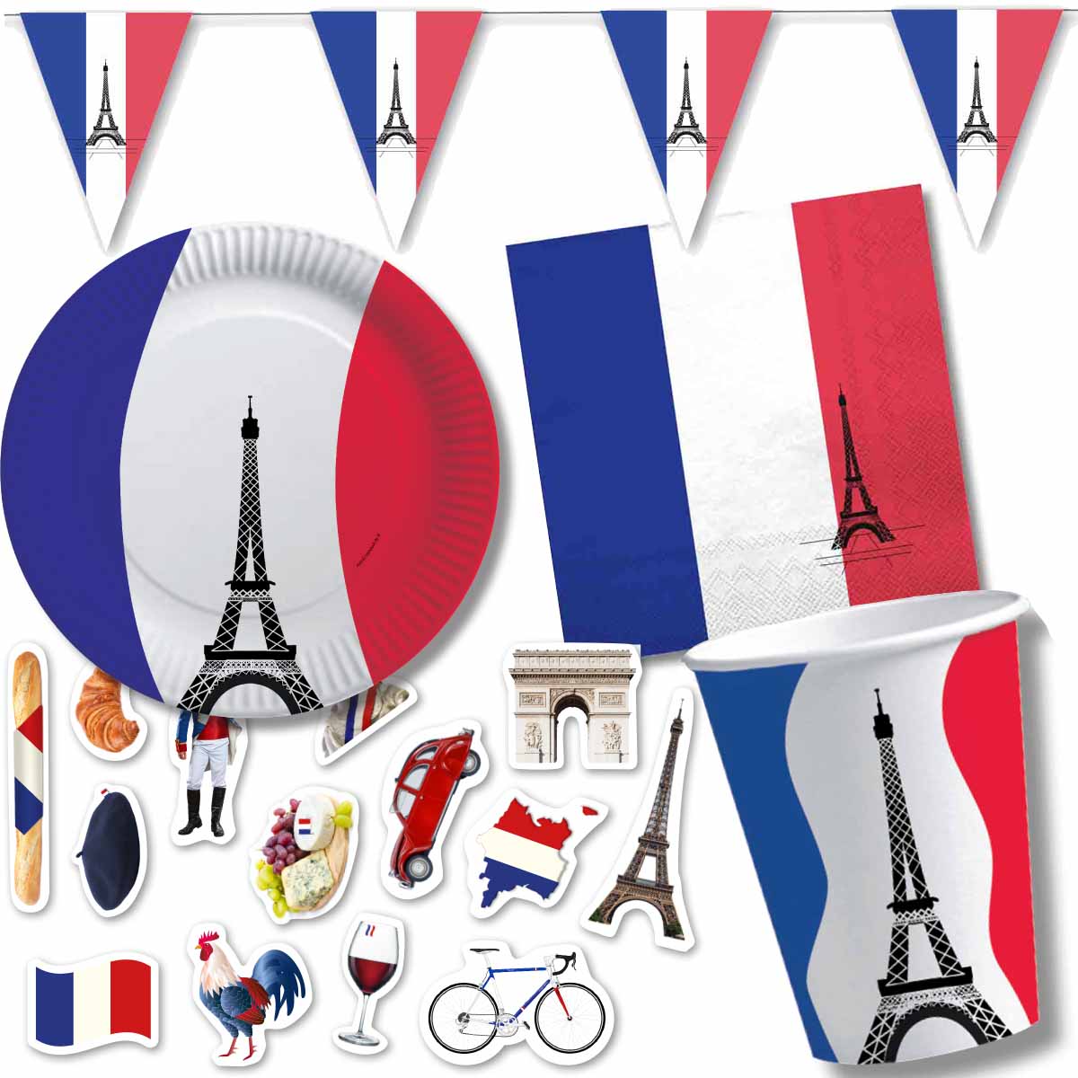 Frankreich Partyset – Fußballparty Deko mit Teller, Becher, Servietten, Wimpelkette & Konfetti