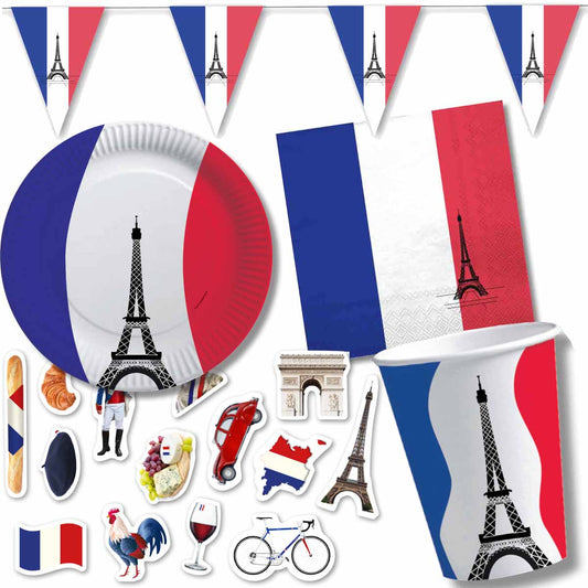 Frankreich Partyset – Fußballparty Deko mit Teller, Becher, Servietten, Wimpelkette & Konfetti