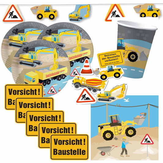 Baustellen Partyset für 10 Kinder mit Sticker Vorsicht Baustelle