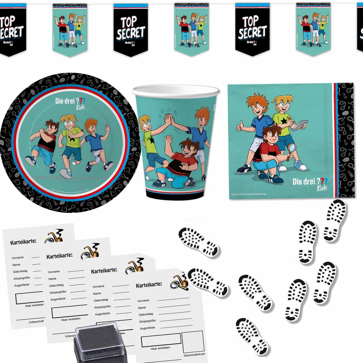 Partyset Die Drei ??? Kids mit Fingerabdruckstempel und Karteikarten