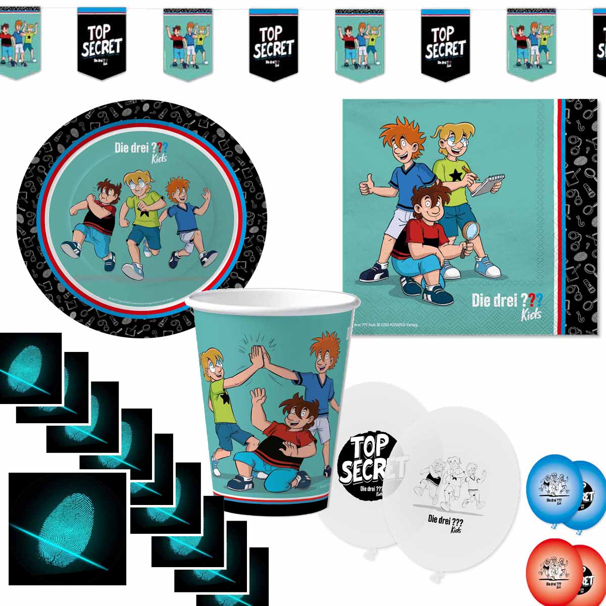Partyset Die Drei ??? Kids für 10 Kinder mit Fingerabdruck-Sticker