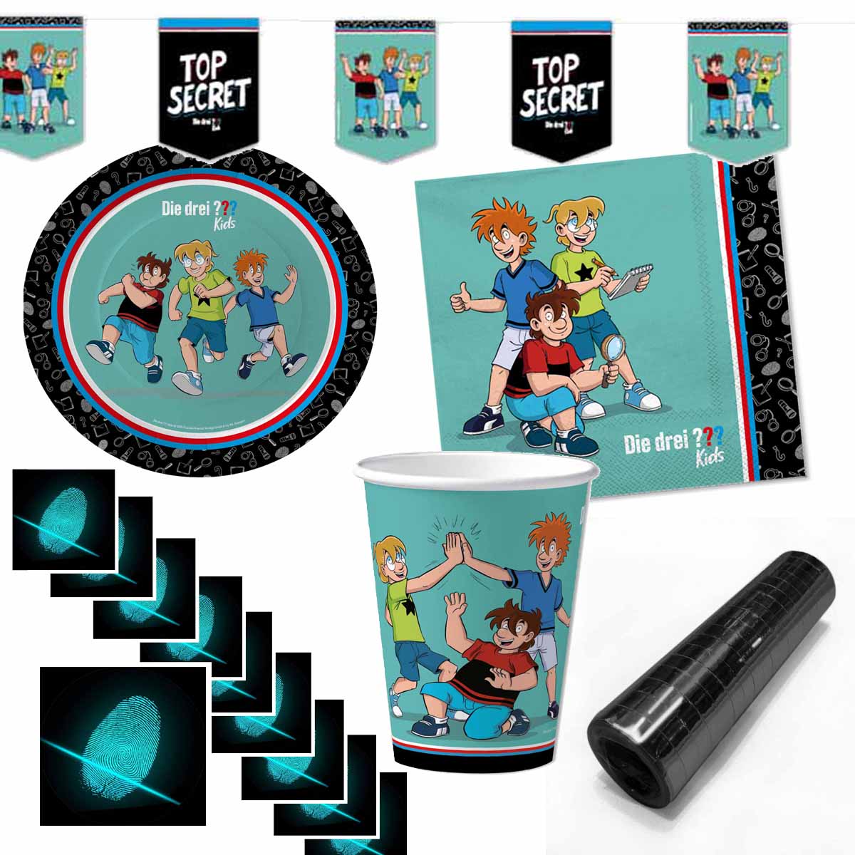 Partyset Die Drei ??? Kids für 10 Kinder mit Fingerabdruck-Sticker und Luftschlangen