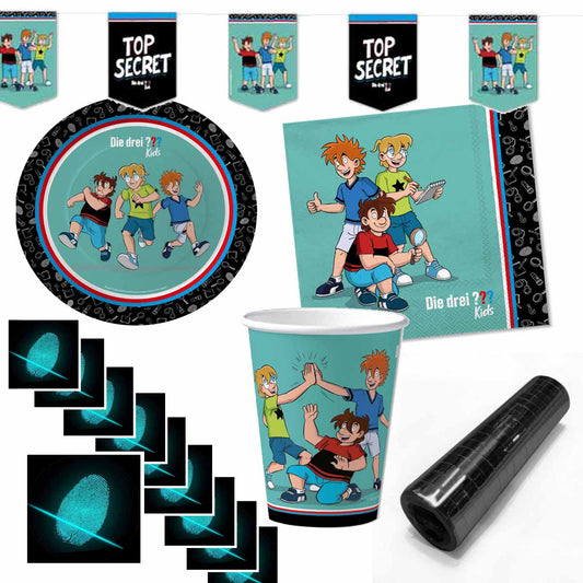 Partyset Die Drei ??? Kids für 10 Kinder mit Fingerabdruck-Sticker und Luftschlangen