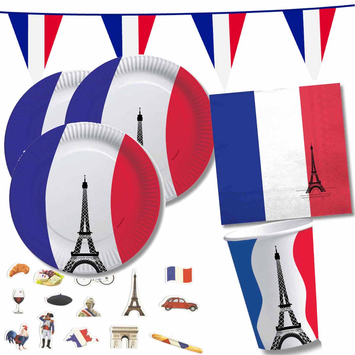Frankreich Partyset – Fußballparty Deko mit Teller, Becher, Servietten, Wimpelkette & Konfetti