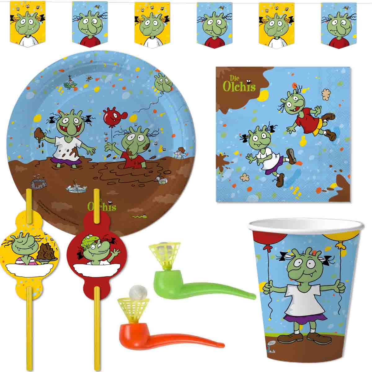 Partyset "DIE OLCHIS" Teller, Becher, Servietten, Girlande, Trinkhalme, Mitgebsel