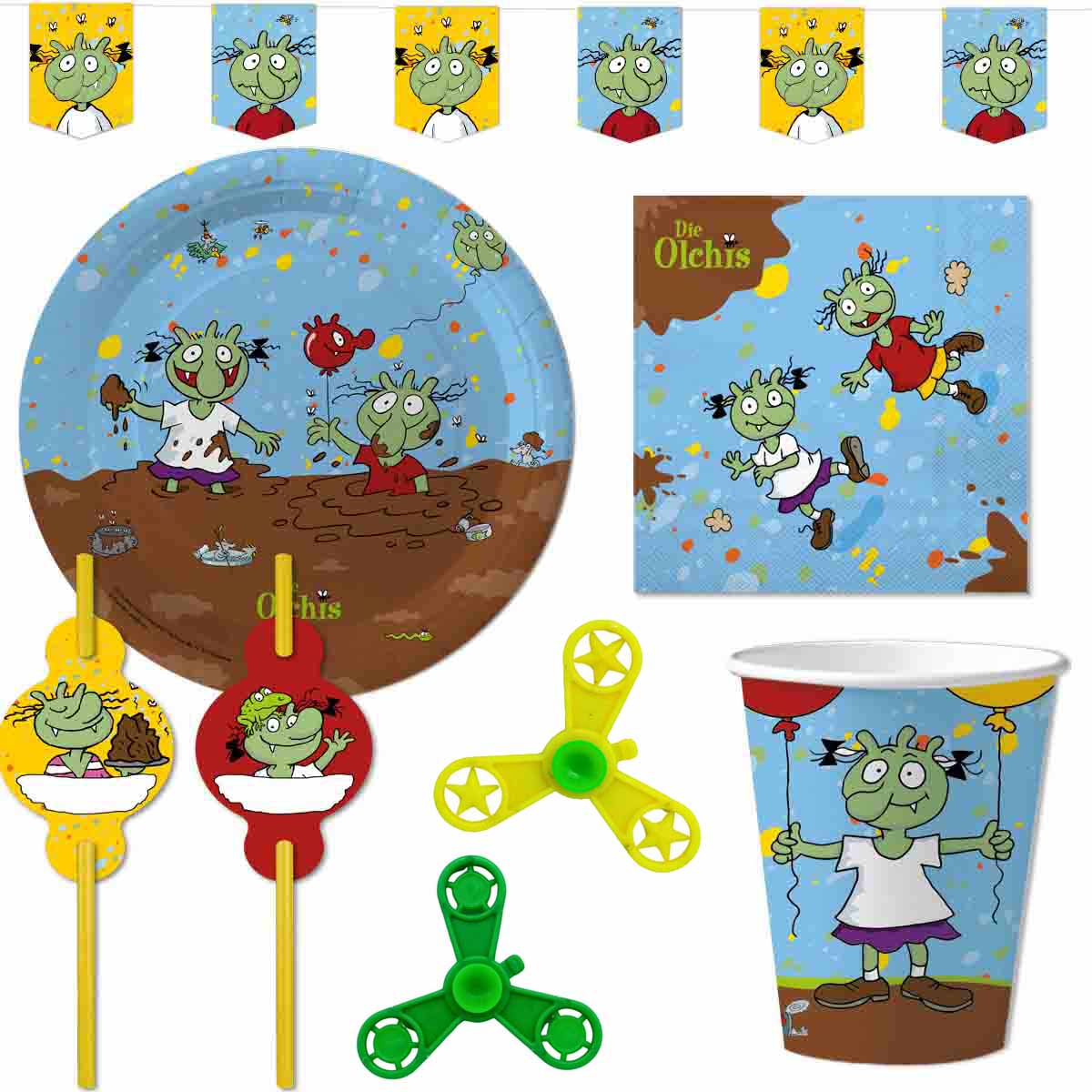 Partyset "DIE OLCHIS" Teller, Becher, Servietten, Girlande, Trinkhalme, Mitgebsel