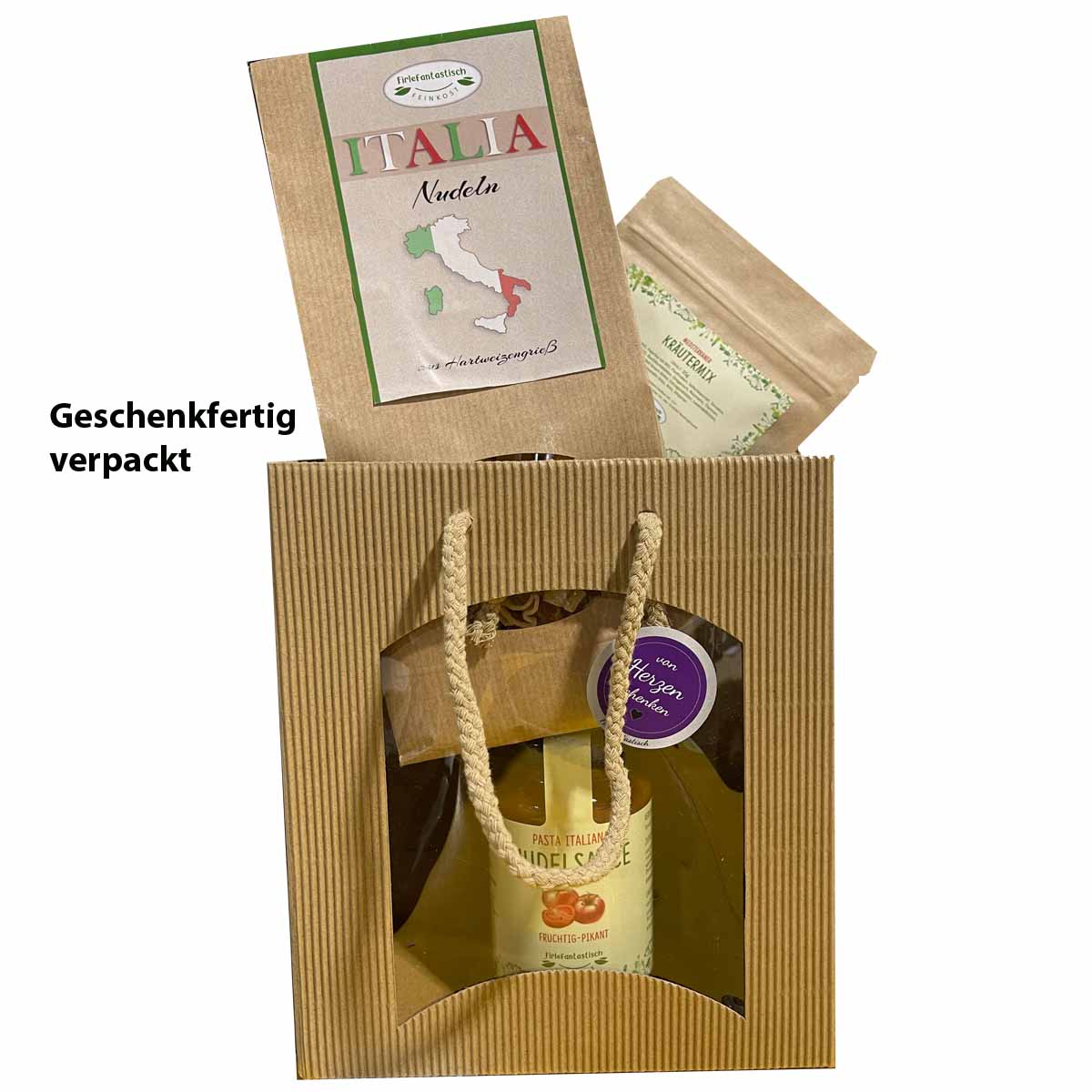 Feinkost-Set Italia mit Nudeln in den Umrissen Italiens, Sauce, Gewürzen