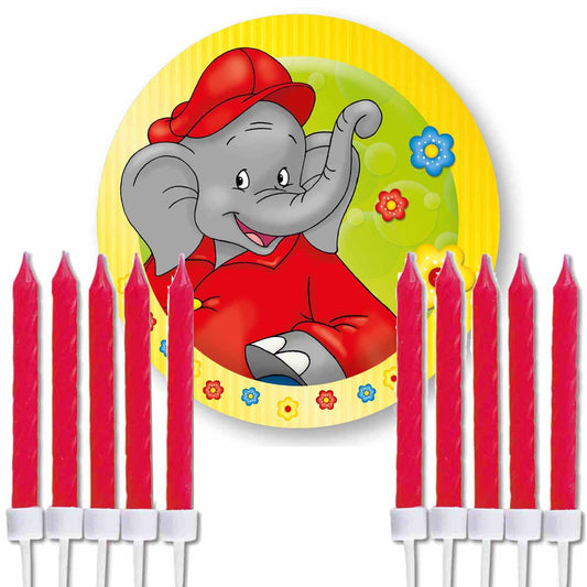 Essbarer Tortenaufleger Benjamin Blümchen mit 10 roten Kuchenkerzen