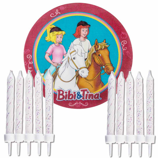 Essbarer Tortenaufleger Bibi und Tina mit Weißen Glitter-Kuchenkerzen