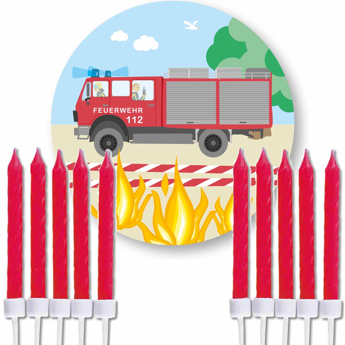 Essbarer Tortenaufleger Feuerwehrauto 112 mit roten Kuchenkerzen