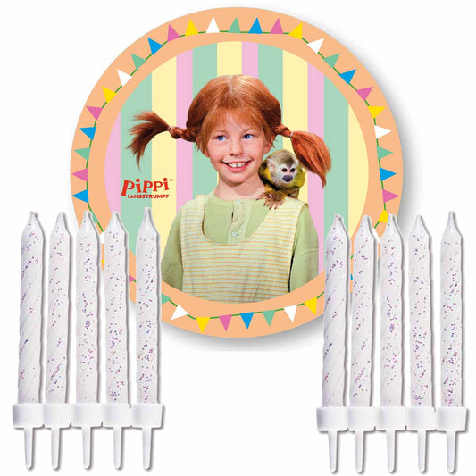 Essbarer Tortenaufleger Pippi Langstrumpf mit Glitzer-Kuchenkerzen