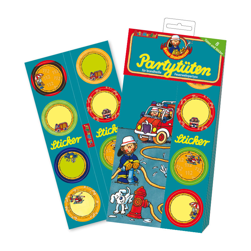 Papier-Partytüten Feuerwehr mit Sticker 8 Stück