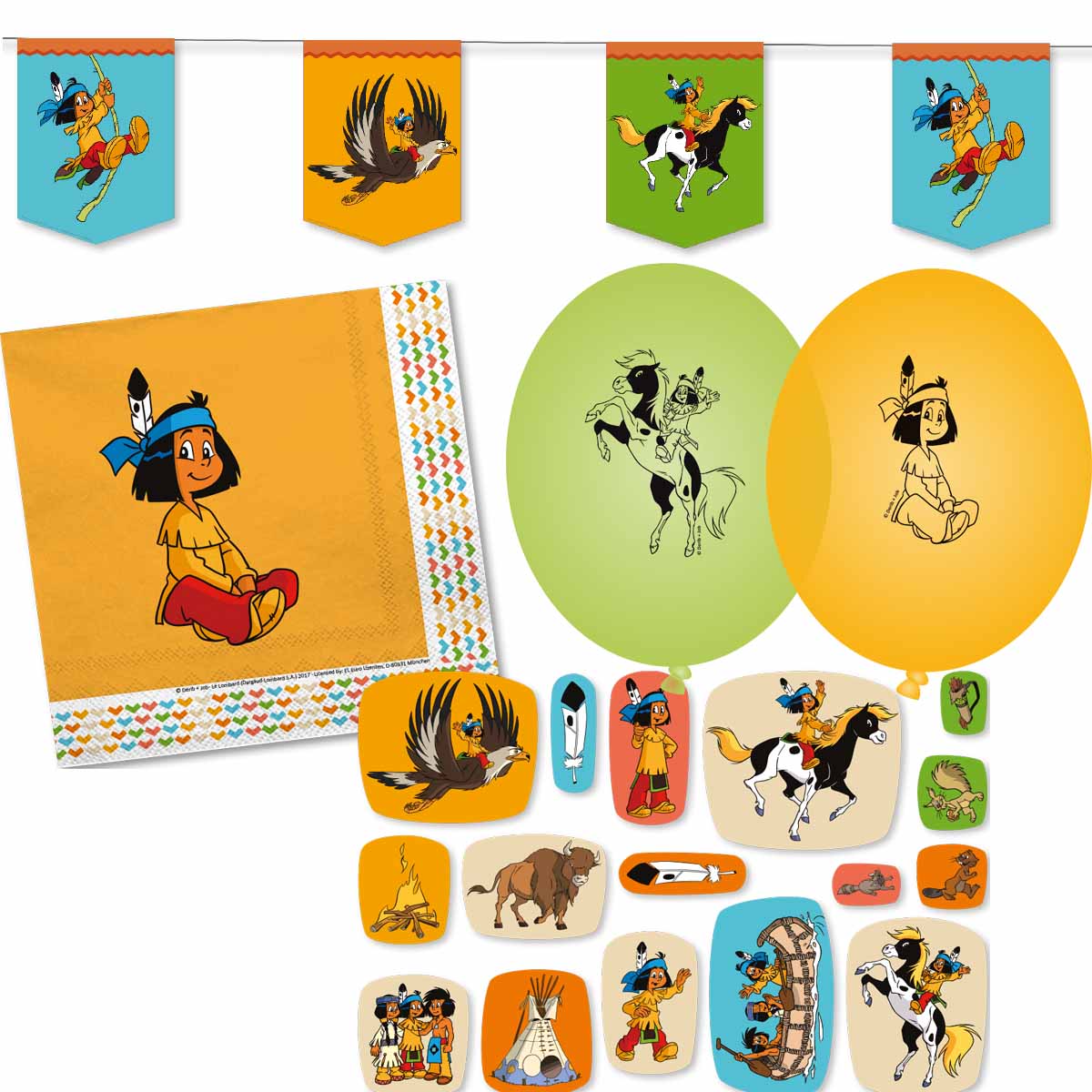 Dekoset Indianerjunge Yakari Servietten, Wimpelkette, Konfetti, Ballons