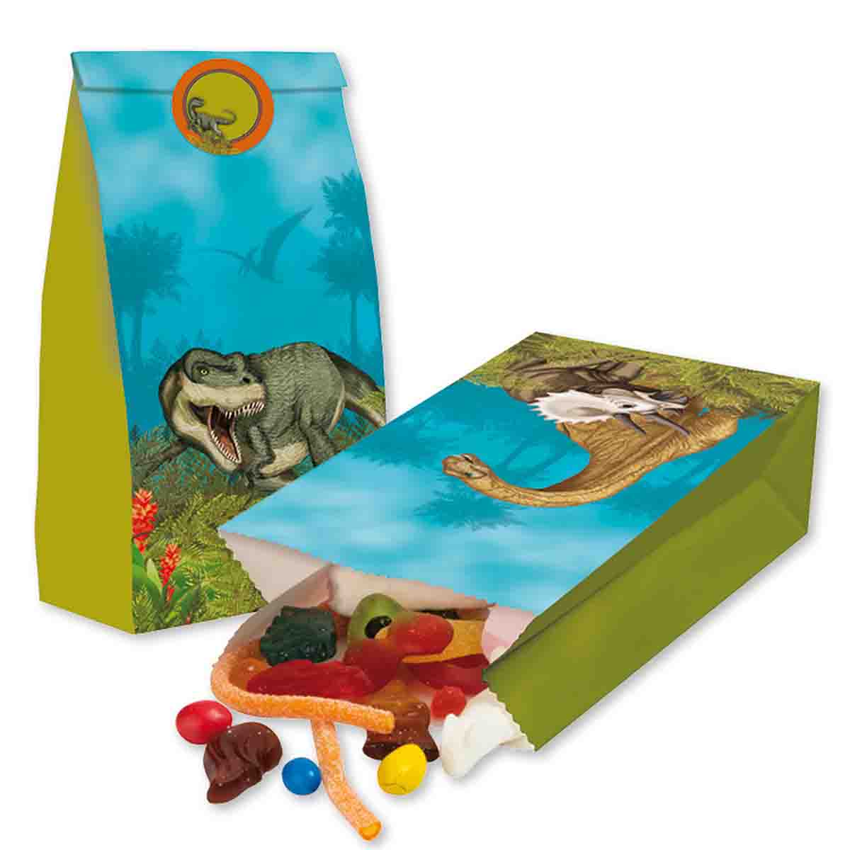Partytüten T-Rex mit Sticker 8 Stück