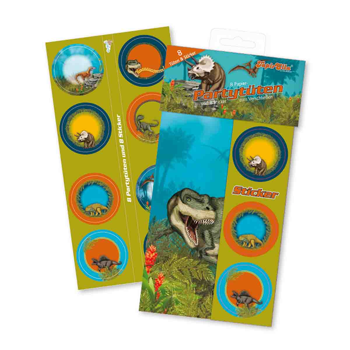 Partytüten T-Rex mit Sticker 8 Stück