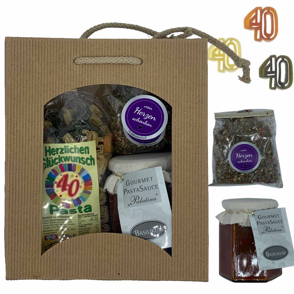 Feinkost-Set 40. Geburtstag mit Nudeln, Sauce, Kräutermix
