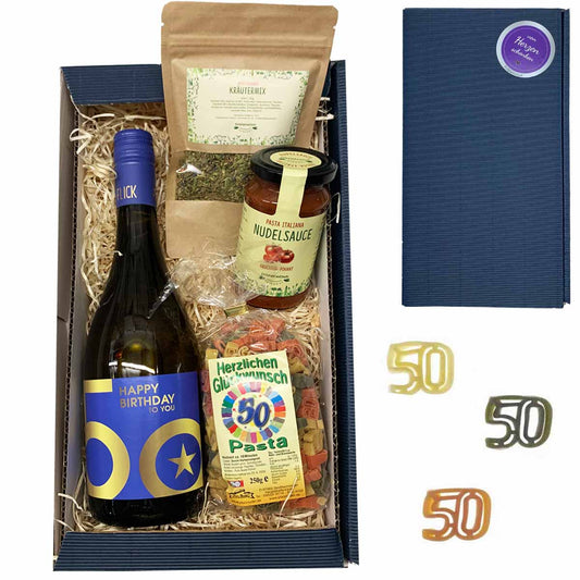 Geschenkset 50. Geburtstag mit Wein, Nudeln, Sauce und Kräutermix