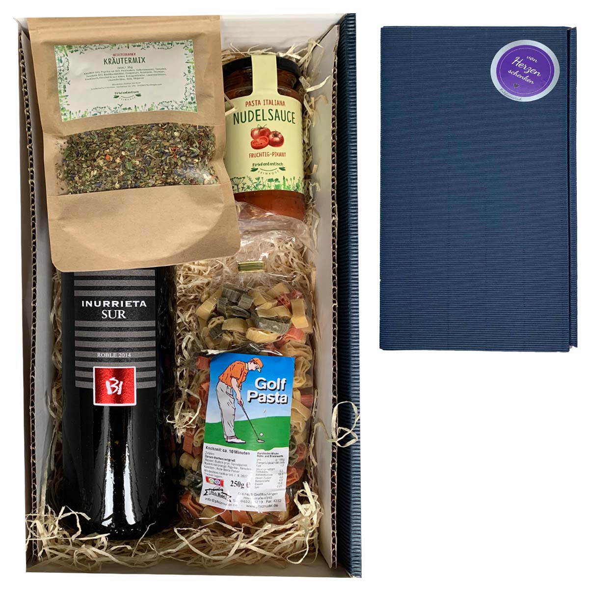 Geschenkset Golf mit Wein, Nudeln, Sauce und Kräutermix