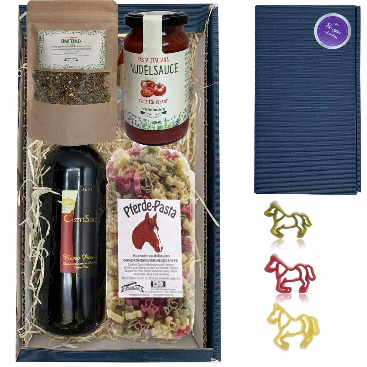 Geschenkset Pferde mit Wein, Nudeln, Sauce und Kräutermix