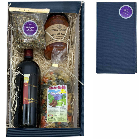 Geschenkset Wanderer mit Wein, Nudeln, Sauce und Kräutermix