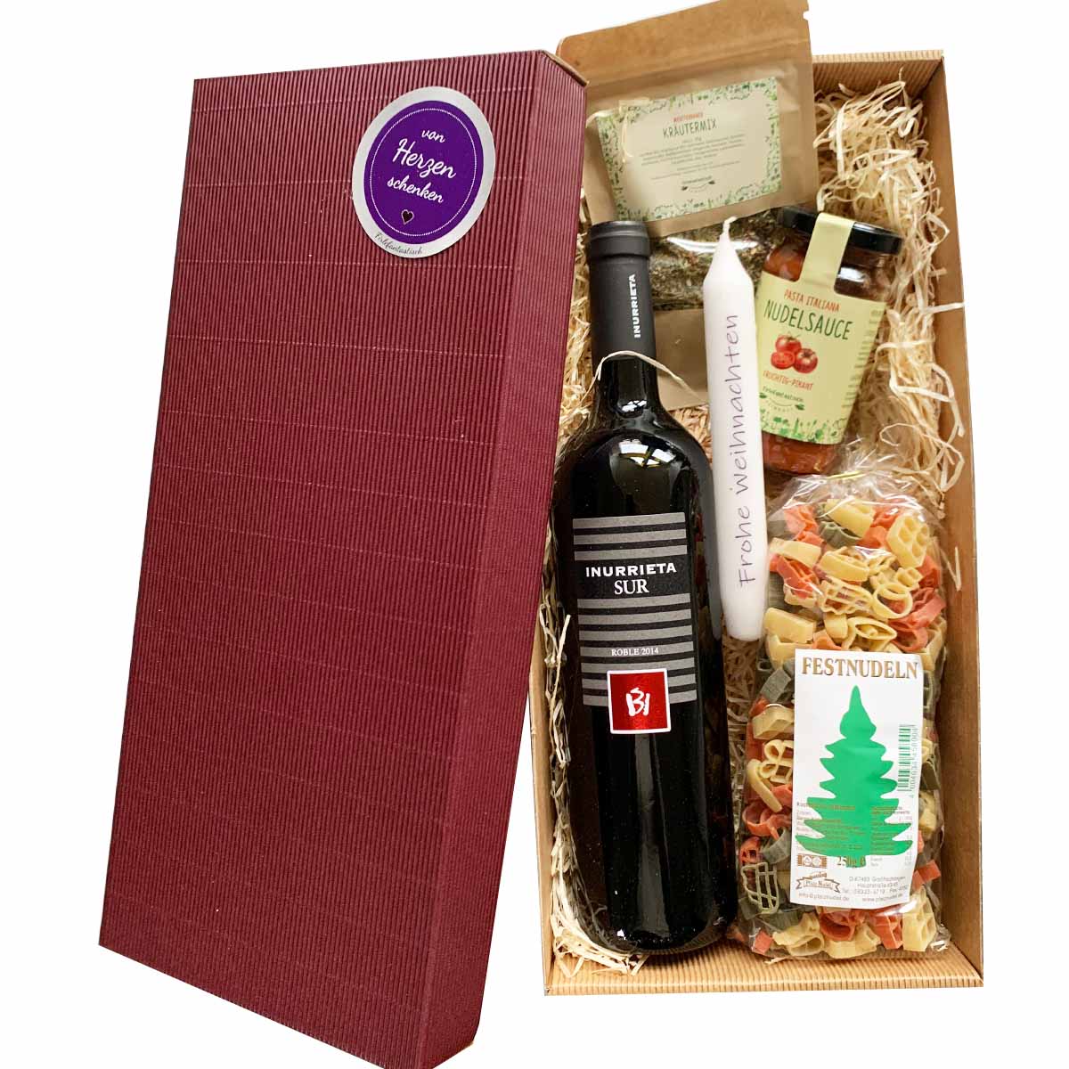Geschenkset Weihnachten mit Wein, Weihnachtsnudeln, Pastasauce, Gewürze und Weihnachtskerze