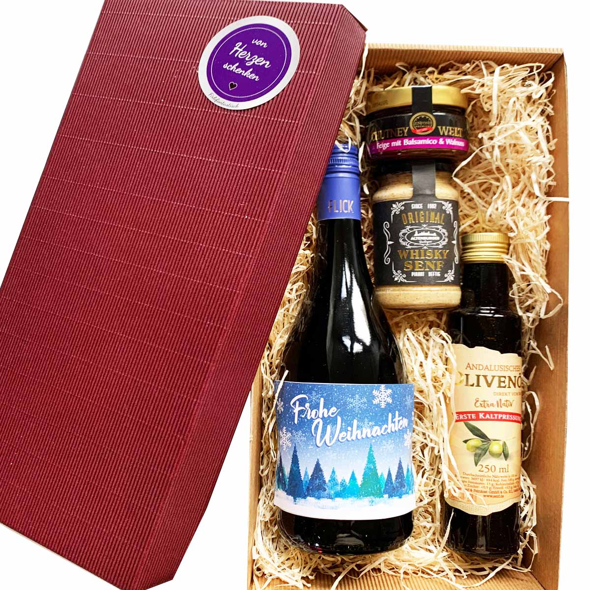 Geschenkset Weihnachten Feinschmecker mit Wein, Olivenöl, Chutney, Senf