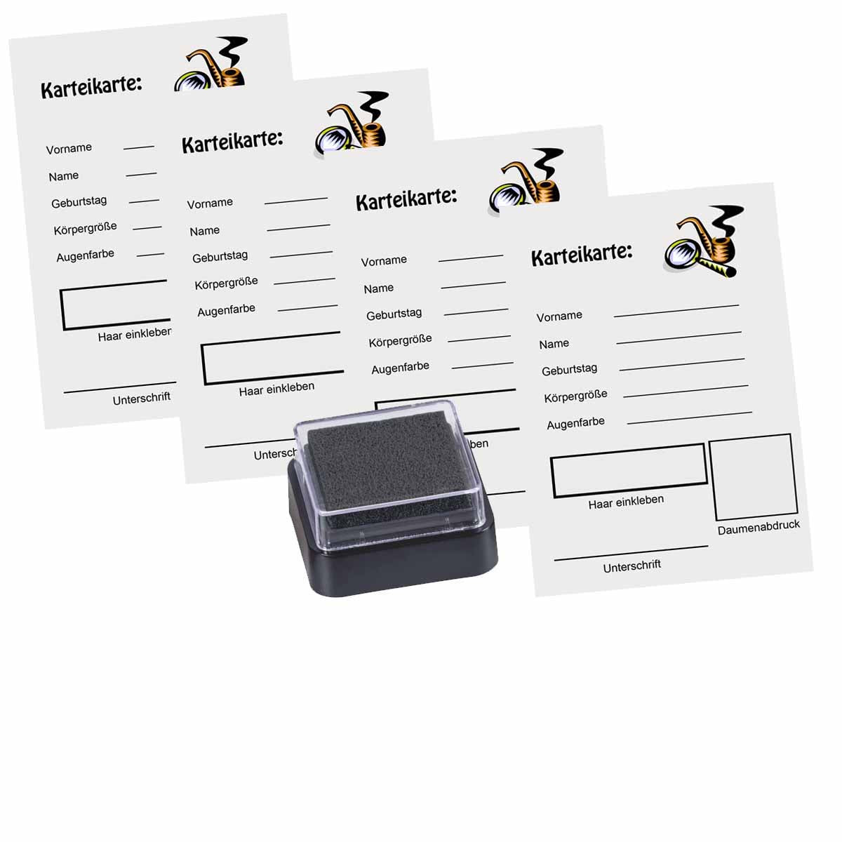 Partyset Die Drei ??? Kids mit Fingerabdruckstempel und Karteikarten