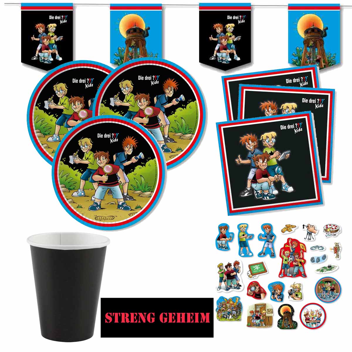 Partyset Drei ??? Kids mit schwarzen Bechern und Bechersticker Streng Geheim