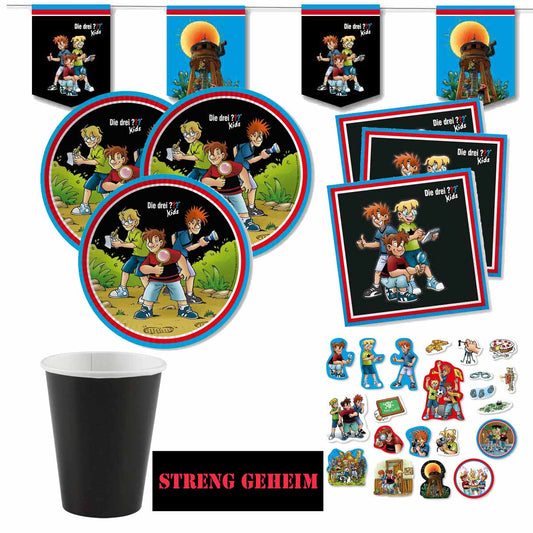 Partyset Drei ??? Kids mit schwarzen Bechern und Bechersticker Streng Geheim