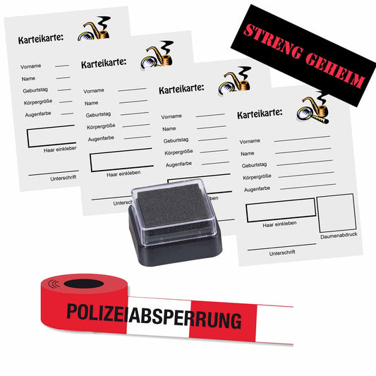 Polizei-Kit mit Karteikarten, Polizei-Absperrband, Fingerabdruckstempelkissen, STRENG GEHEIM Sticker