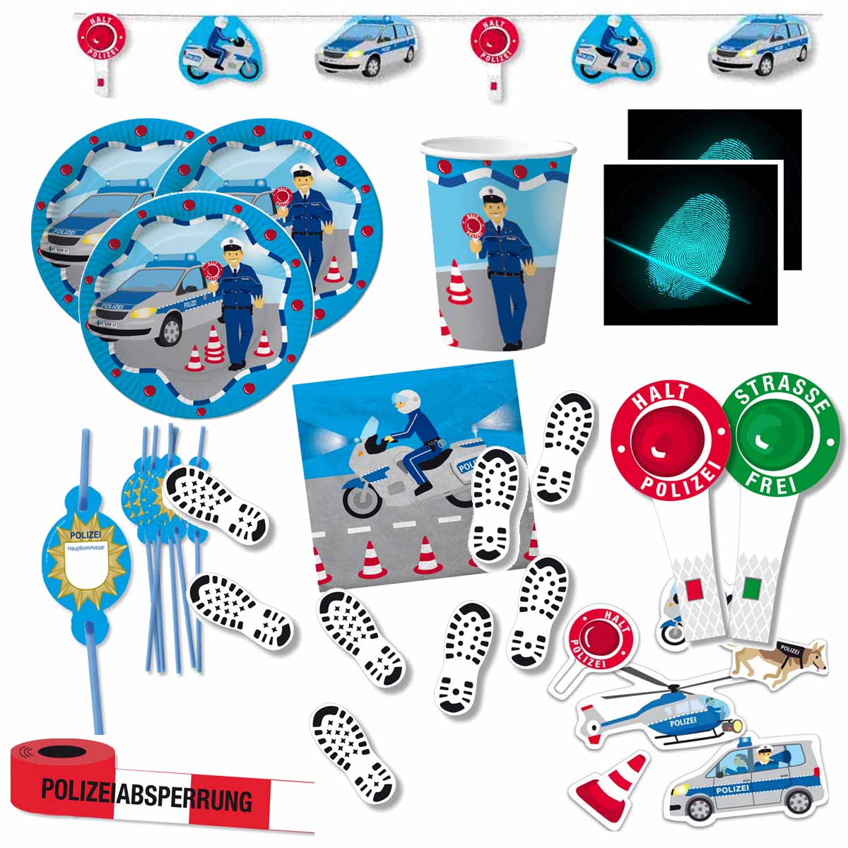 HHO Polizei-Party-Set 36-tlg. – Für 8 Gäste, Inkl. Teller, Becher, Servietten, Polizei-Design