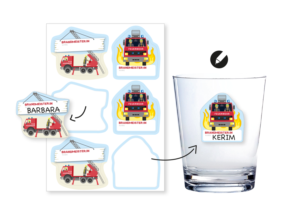 Feuerwehr Aufkleber mit Namensfeld  6 Stück Gläsersticker