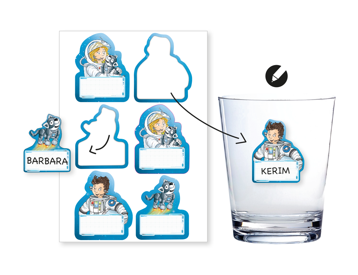 Astronaut Major Tom Aufkleber mit Namensfeld  6 Stück Gläsersticker