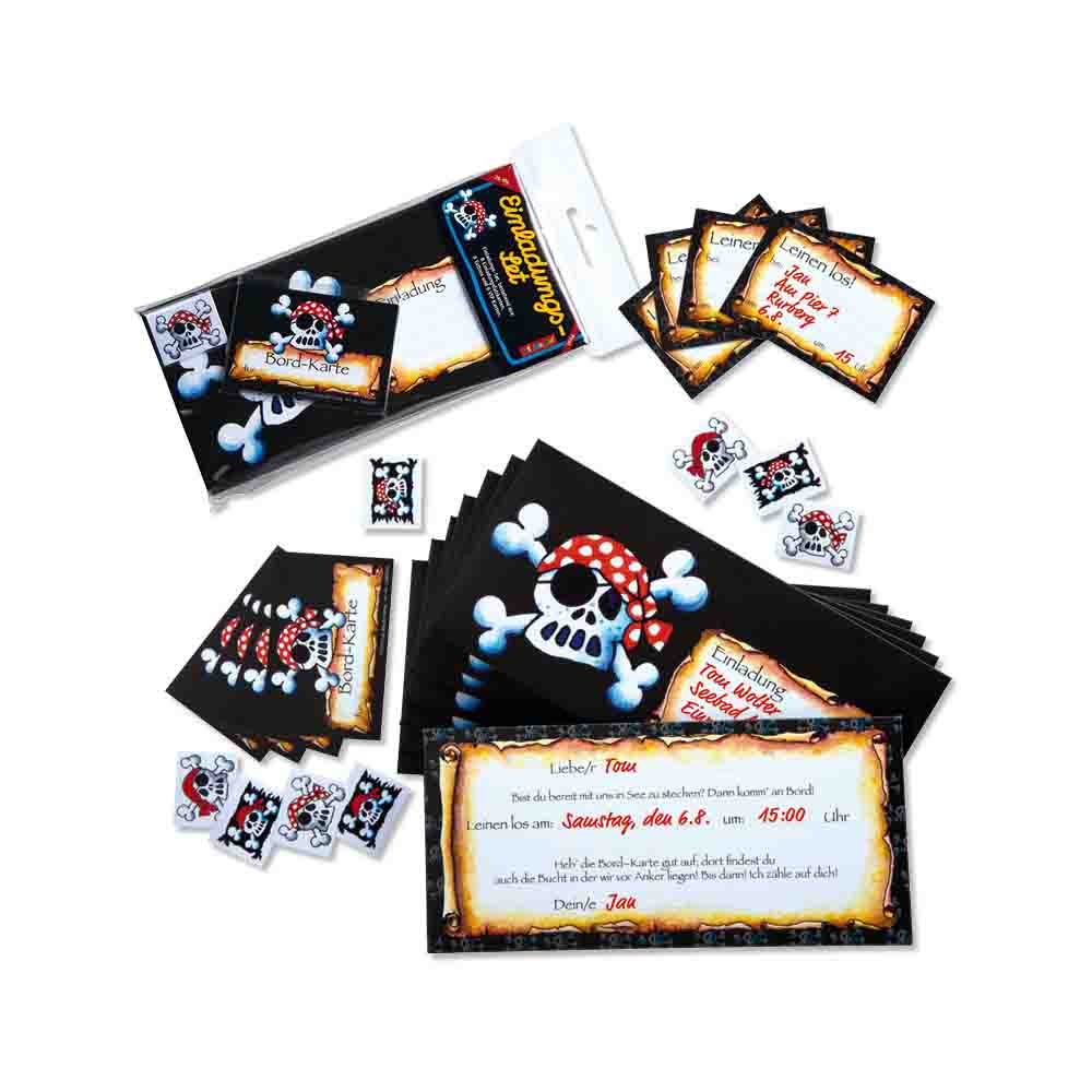 Einladungs-Set Piraten Jolly Roger mit Board-Karten und Tattoos